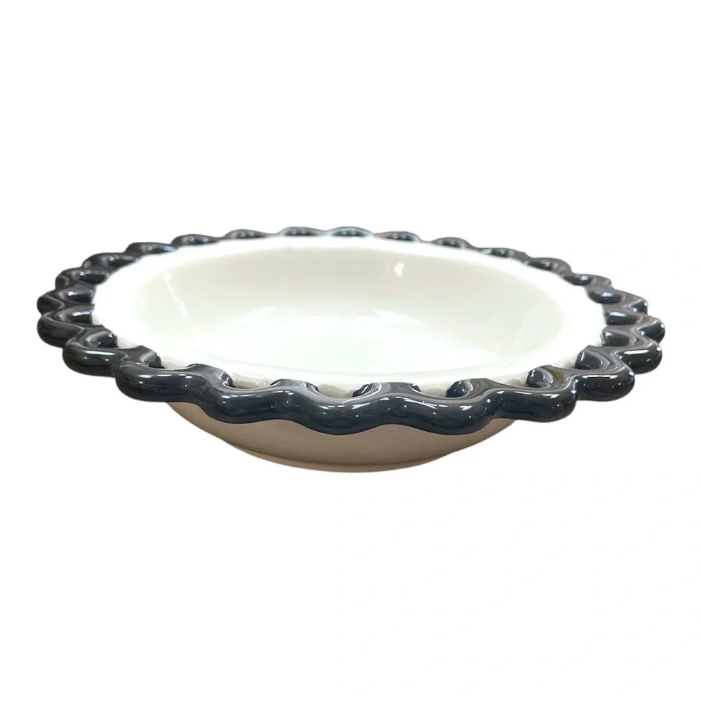 Black White Ceramic Serving‎ Bowl Scalloped Lace Rim 8” Decorative Centerpiece